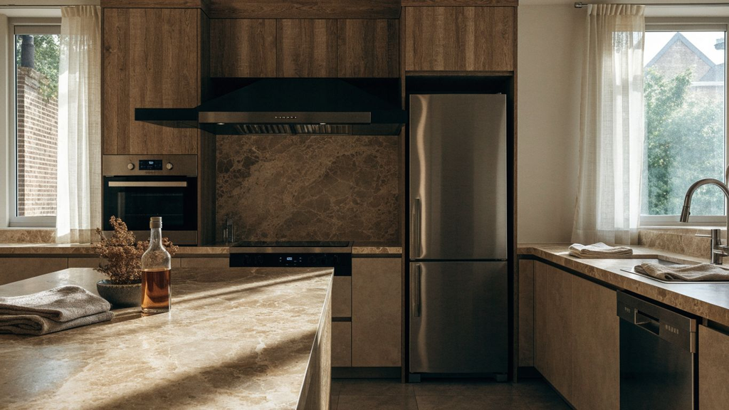 Modern kitchen showing coordinated refrigerator, range hood, oven and cabinetry 10 Smart Kitchen Appliance Upgrades for a Modern Kitchen