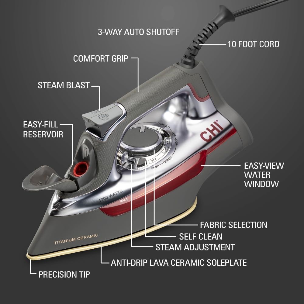 3. CHI Steam Iron for Clothes, 1700W Titanium Ceramic Soleplate - Best Steam Distribution for Everyday Clothes