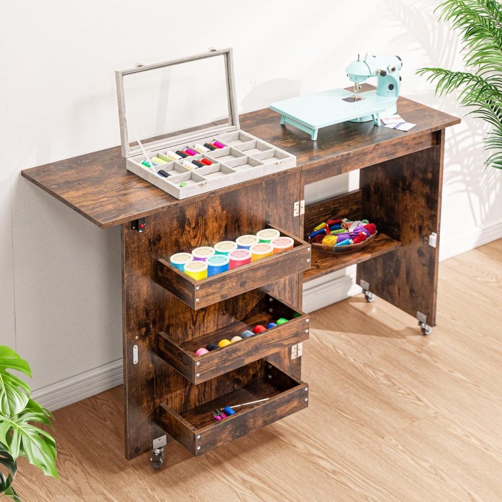 3. VIVOHOME Folding Sewing Craft Table in Rustic Brown — Best Decorative Sewing Cabinet
