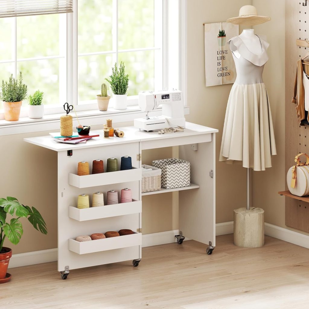 6. Giantex Folding Sewing Table with Charging Station — Best Rolling Sewing Cabinet for Small Spaces