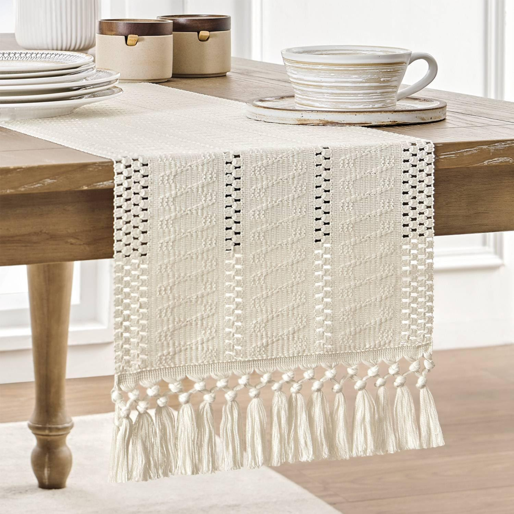ZeeMart Ivory 72-Inch Macrame Style Boho Table Runner