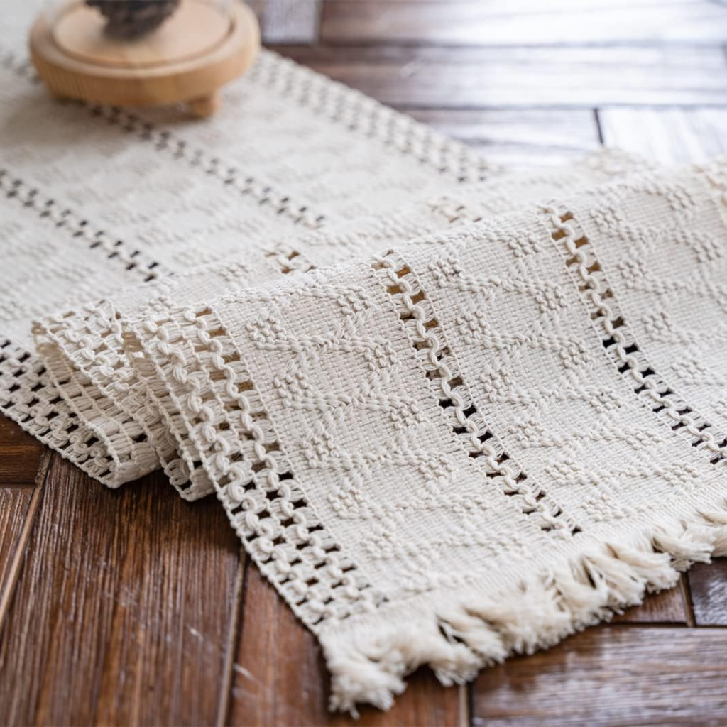 Cream Beige Boho Table Runner with Tassels
