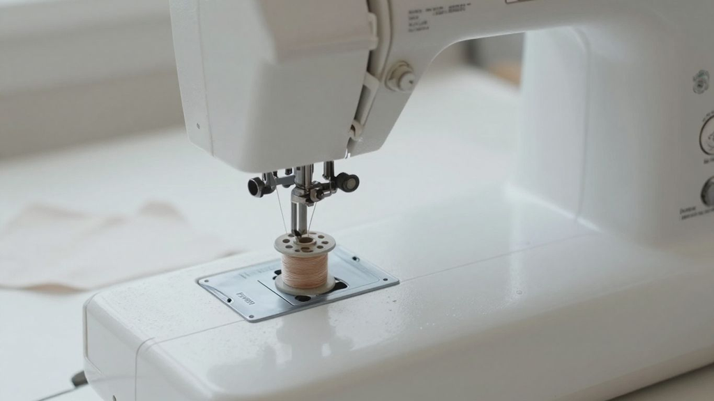 Close-up of a sewing machine with a wound bobbin near the needle plate Why Correct Bobbin Winding Matters