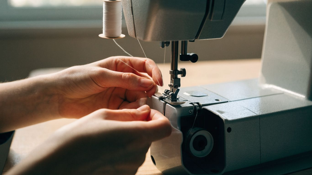 Hands threading a sewing machine near the needle and presser foot 15 Sewing Techniques for Beginners, Step by Step