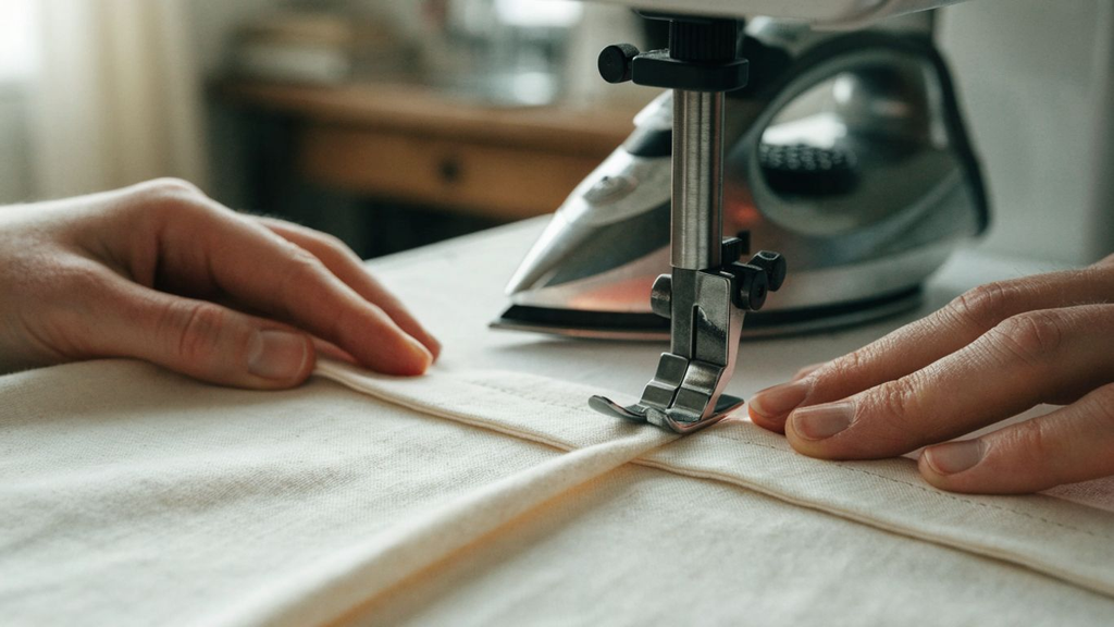 Sewing machine stitching a pressed fabric hem while an iron sits nearby How to Hem Fabric Neatly