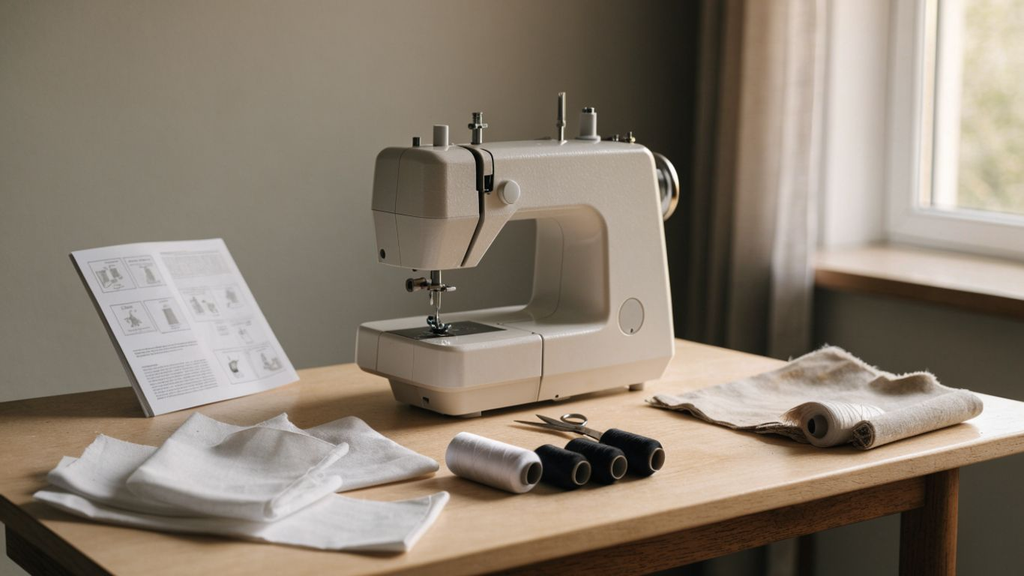 Beginner sewing machine setup on a stable work surface with thread, fabric scraps, and the manual nearby What You Need to Know Before Using a Sewing Machine