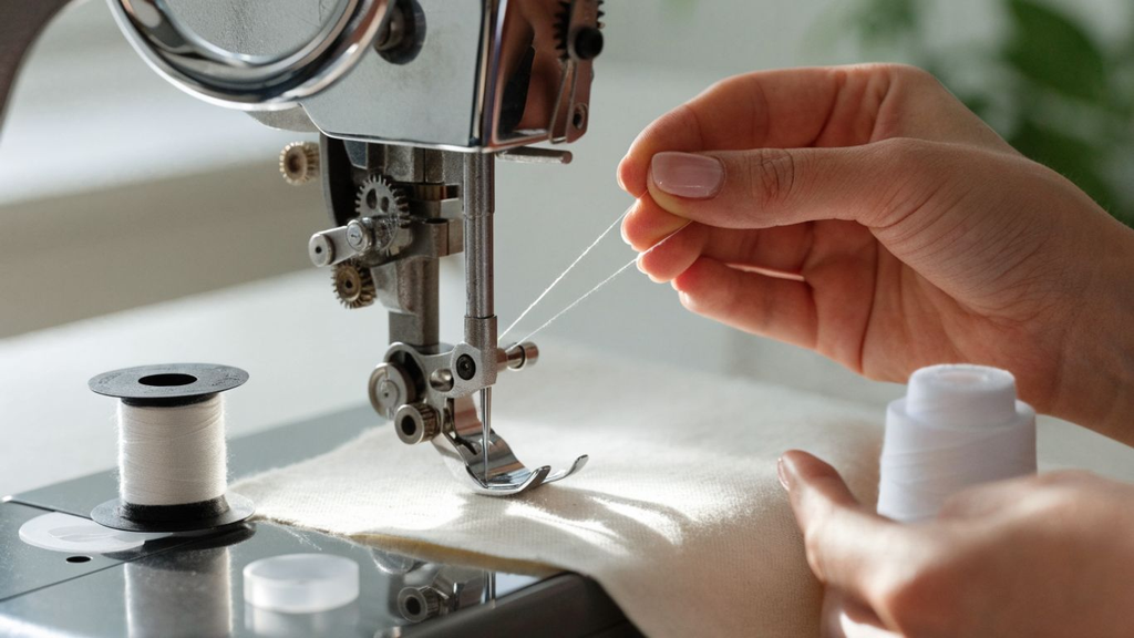 Threading a sewing machine carefully before beginning a beginner sewing project How to Thread a Sewing Machine
