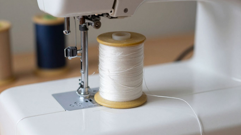 Spool of white thread beside the needle area of a sewing machine